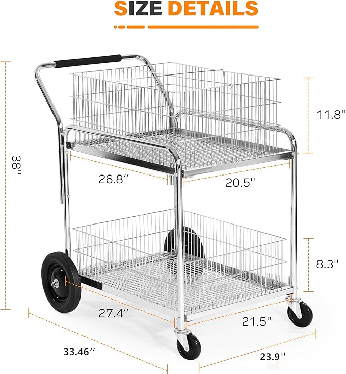 Mail Office File Cart, 400lb Capacity Heavy Duty Steel File Organizer Cart, 2 Shelf Basket Wire Office File Cart for Offices, Home, Grocery, Warehouse