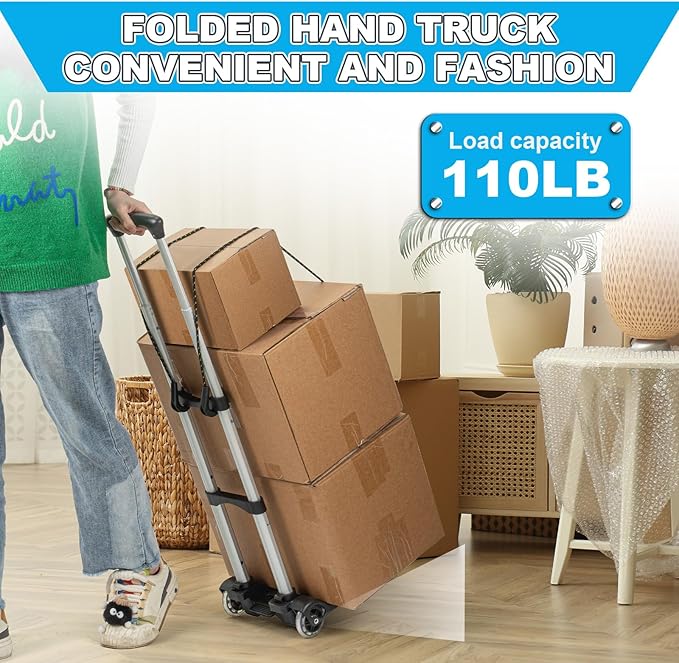 Small Folding Hand Truck Dolly with 2 Wheels, Lightweight Aluminum Foldable Luggage Cart, Collapsible Cart Portable Dolly for Airport Travel Moving Use