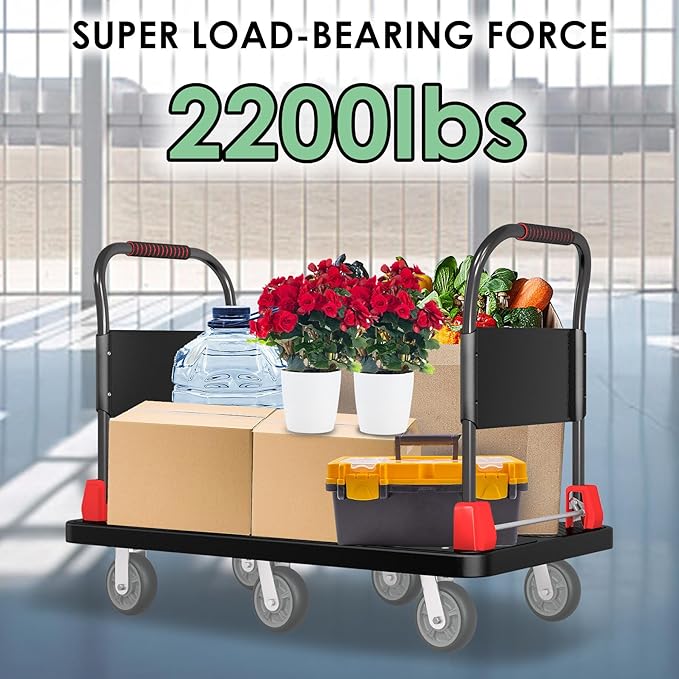 Heavy-Duty Platform Truck Cart with 2 Handrails and 6 of 6" Wheels 2200lbs Capacity Foldable Push Cart Dolly Large Flatbed Hand Cart Moving Dolly Cart for Groceries,Garage,Warehouse (50" Lx27 W)