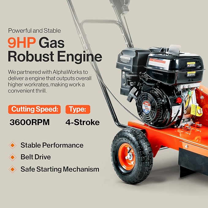 SuperHandy Gas-Powered Stump Grinder with 9HP Engine, Direct Belt Drive, 12-Inch Cutting Depth, 6 Durable Carbide Teeth – Compact and Lightweight