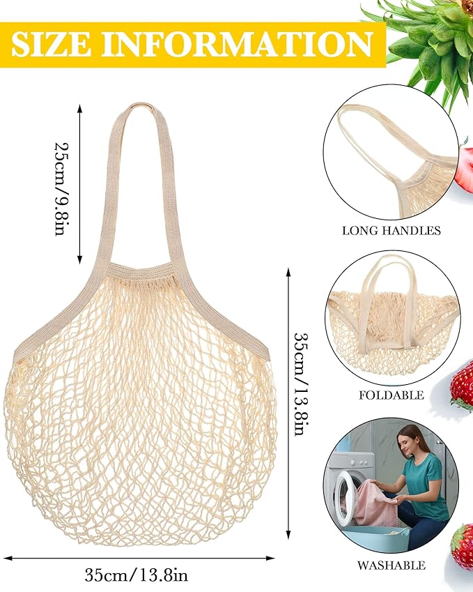 Woanger 24 Pcs Reusable Cotton Mesh Produce Shopping Bags Washable Grocery Net Portable Fruit and Vegetable Cotton String Bags Long Handle Net Tote Organizer(Long Handle)
