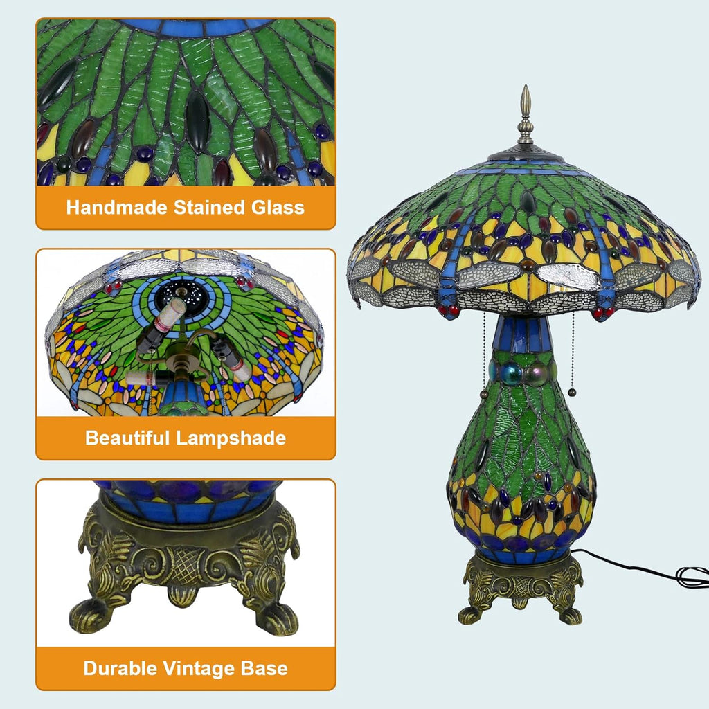 Tiffany Style Table Lamp Green Dragonfly Tiffany Lamp Handmade Stained Glass Lamp 18x18x27 Inches Desk Reading Light for Bedroom Living Room Home Office Decoration, LED Bulb Included