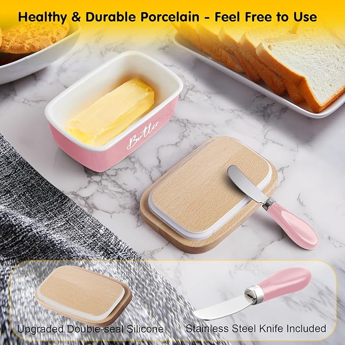 ALELION Pink Butter Dish with Lid and Knife for Countertop - Airtight Ceramic Butter Container with Thick Acacia Wood Lid for Counter - Pink Kitchen Decor and Accessories