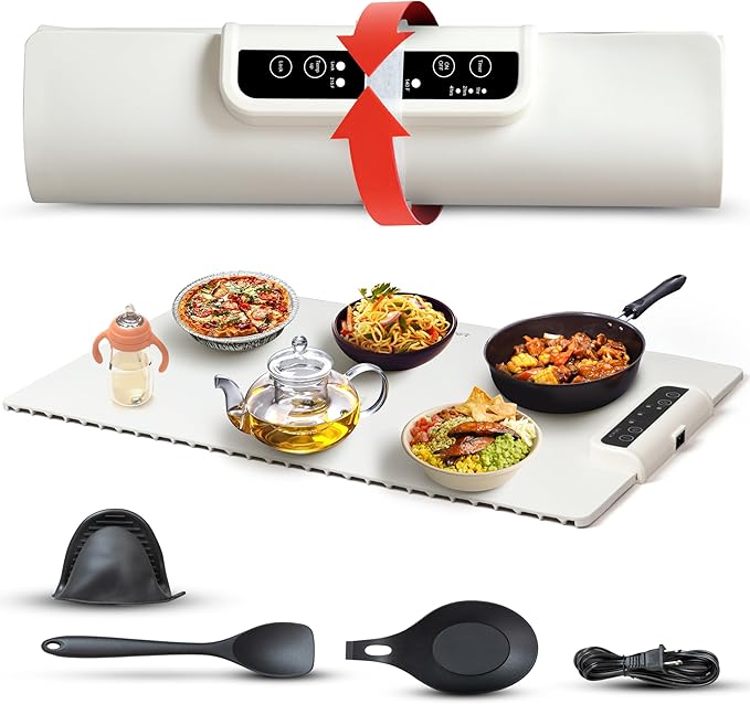 Electric Food Warming Mat - Portable Silicone Tray w/Fast Heating, Best Kitchen Gadget to Keep Food Warm for Parties, Buffets, Serving, & Thawing - Silicone Accessories Included