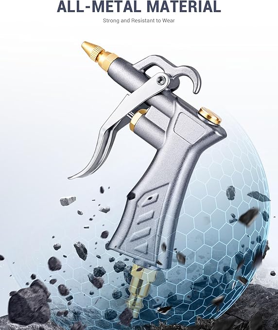 JASTIND Industrial Air Blow Gun with Brass Adjustable Air Flow Nozzle and 2 Steel Extension, Pneumatic Air Compressor Accessory Tool Dust Cleaning and Blower Gun