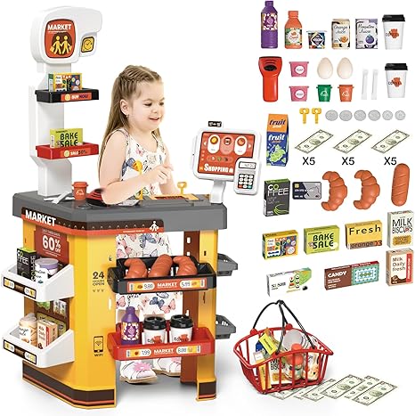 deAO Supermarket Playset for Kids with Working Scanner Register Toy Pretend Play,Kid Grocery Store Playset 54PCS Play Food Accessories,Christams Birthday Gift for 3 4 5 Kids Boys Girls