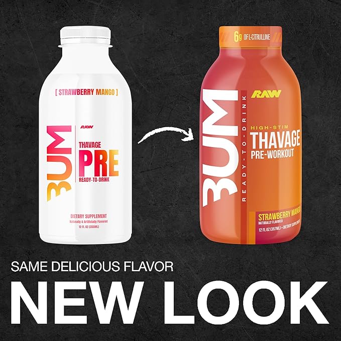 RAW Ready to Drink Pre-Workout Drink - BUM Thavage RTD Preworkout Shakes - Energy Supplement Drinks with Beta Alanine, L-Citrulline & Caffeine - Zero Sugar (12 Pack, Strawberry Mango)