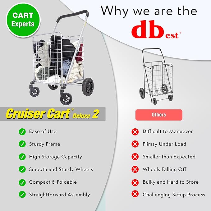 dbest products Cruiser Cart Deluxe 2 Shopping Grocery Rolling Folding Laundry Basket on Wheels Foldable Utility Trolley Compact Lightweight Collapsible, Silver