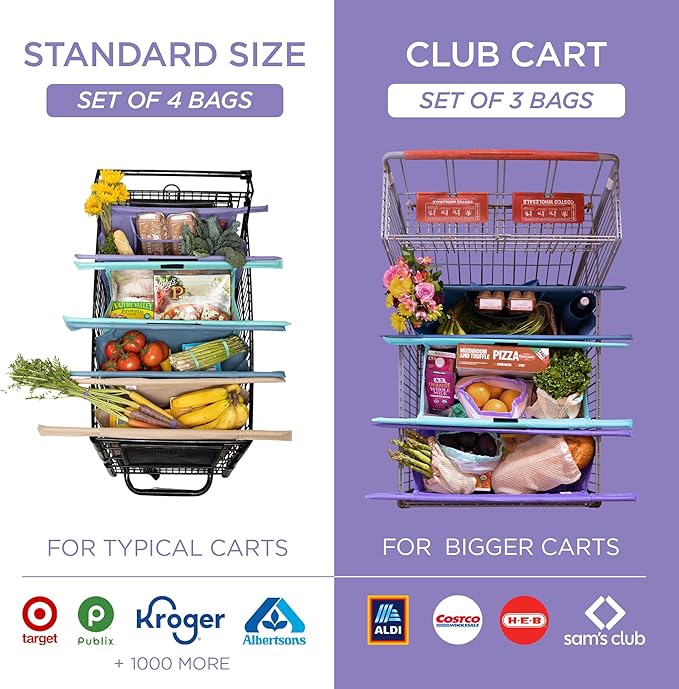 Lotus Club Cart Trolley Reusable Shopping Bags (3-Pack)– Detachable & Reusable Grocery Bags Foldable w/ Insulated Grocery Bag & Egg/Wine Holder– Washable Shopping Totes for Easy Storage & to Save Time