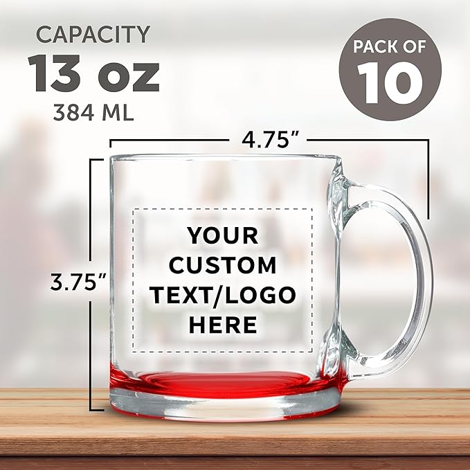 Custom Libbey Clear Glass Coffee Mugs 13 oz. Set of 10, Personalized Bulk Pack - Perfect for Coffee, Tea, Espresso, Hot Cocoa, Other Beverages - Red Bottom