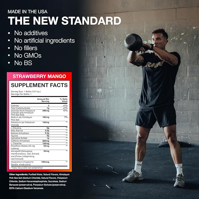 RAW Ready to Drink Pre-Workout Drink - BUM Thavage RTD Preworkout Shakes - Energy Supplement Drinks with Beta Alanine, L-Citrulline & Caffeine - Zero Sugar (12 Pack, Strawberry Mango)