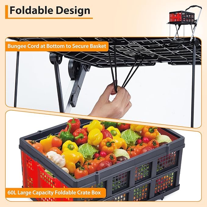 Garvee Foldable Shopping Cart for Groceries, 2-Tier Collapsible Utility Carts with Wheels & Removable Storage Crate, Aluminium & PP, Portable for Supermarket & Home Use, Red