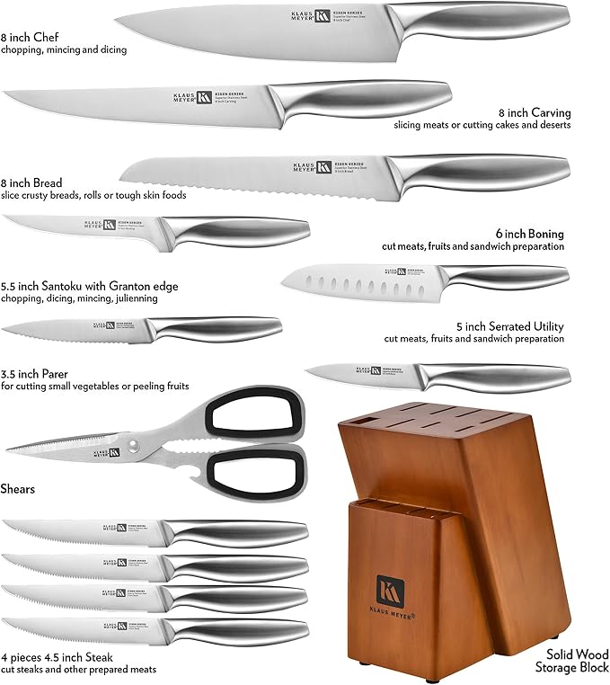 13-Piece Kitchen Knife Set With Block, High Carbon Stainless Steel and Non-Slip Handles. Rust Proof And Dishwasher Safe Cutlery