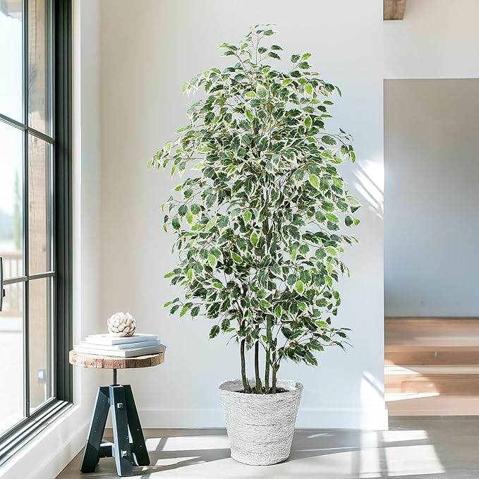 6 FT Artificial Ficus Tree 600 Leaves Faux Plants Indoor Tall with Black Pot Large Fake Tree for Home Office Living Room Decor