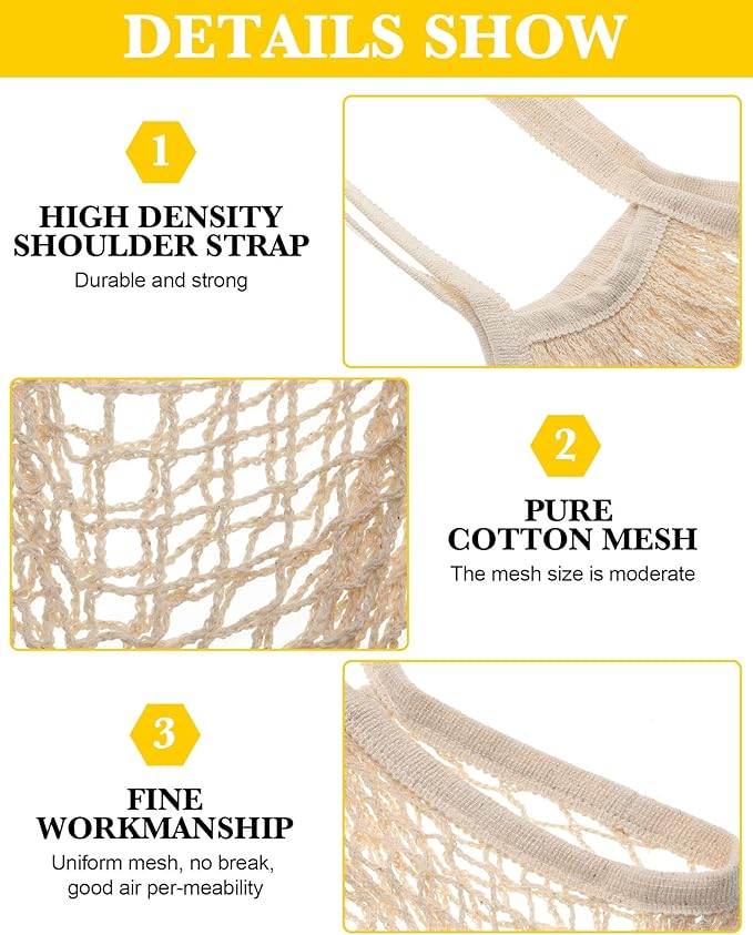 Woanger 24 Pcs Reusable Cotton Mesh Produce Shopping Bags Washable Grocery Net Portable Fruit and Vegetable Cotton String Bags Long Handle Net Tote Organizer(Long Handle)