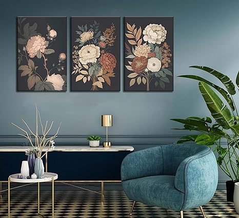 3Pcs Vintage Peony Flower Still Life Canvas Wall art Rustic Dark Floral Plant Painting Picture Farmhouse Wall Decor Posters Print Artwork for Women's Room Living Room Bedroom Home Decoration