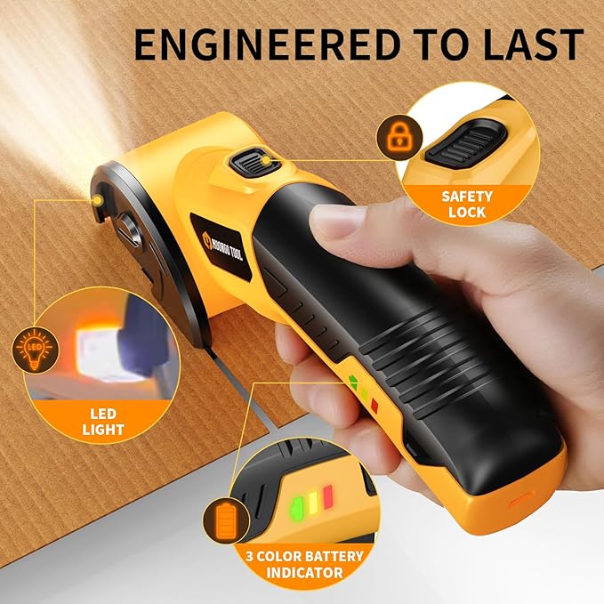Cordless Electric Scissors, Cardboard Cutter, Box Cutter Scissor with Safety Lock & LED Light, Rechargeable Electric Scissors for Cardboard, Fabric, Carpet, Stocking Stuffers for Men Women