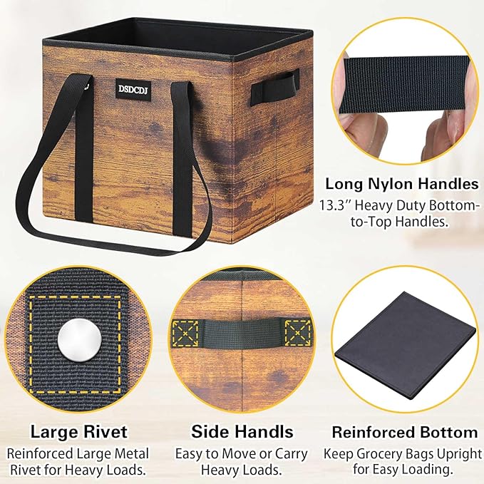 Reusable Grocery Bags - Heavy Duty Reusable Shopping Bags with Hard Bottom & Long Handles, Foldable Large Tote Bags with Box Shape to Stand Up - for Kitchen, Picnic, 3 Pack, Rustic Brown