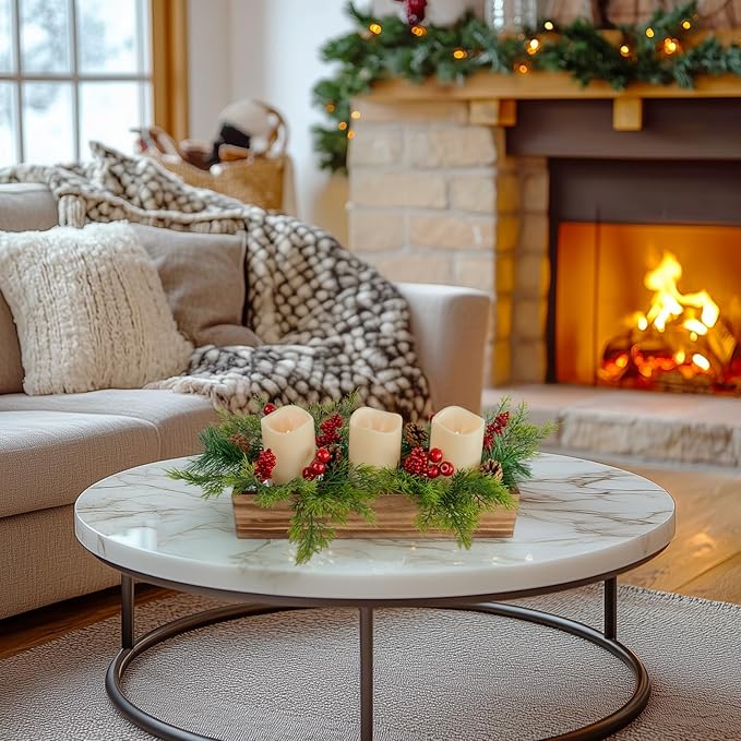 Christmas Candle Holder Centerpiece with 3 Flameless Candle, Pine Cones and Gold Red Berry Wood Table Centerpiece for Festival Home Christmas Decoration