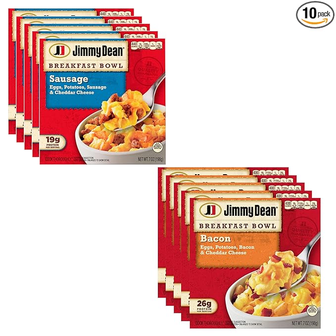 Jimmy Dean Breakfast Bowl Variety Pack - Bacon and Sausage Bowls with Eggs, Potatoes and Cheddar Cheese - Rich Source of Protein - 10 Pack (5 Boxes of Each) - Ready Set gourmet Donate a Meal Program