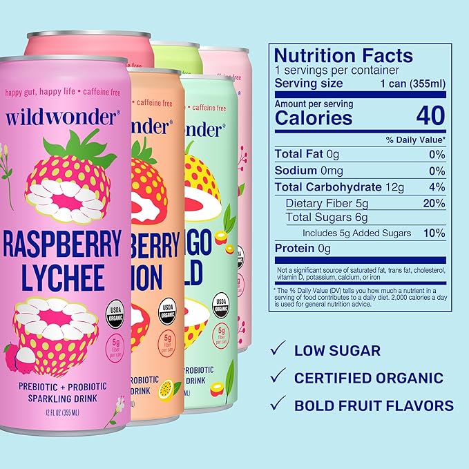 wildwonder Sparkling Probiotic Juice Drink 18pk, w/Gut Health & Immunity Support, 5g Prebiotic Fiber, Live Probiotics, Organic, Vegan, Low Sugar, Sampler Pack, 6 Flavors, Seen on Shark Tank