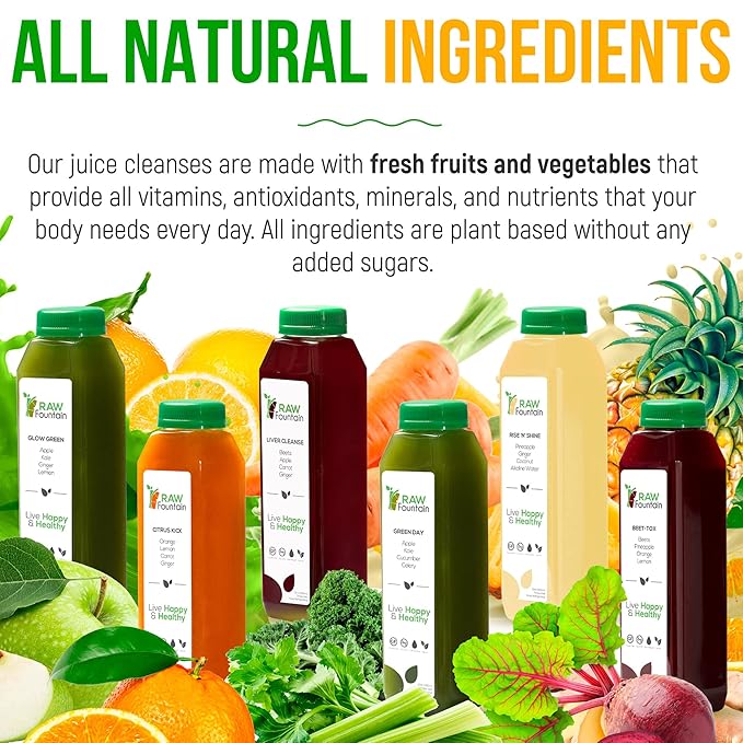 5 Day Juice Cleanse by Raw Fountain, All Natural Raw Detox Cleanse, Juicing for Body Rest, Cold Pressed Juice Fast, Great Way to Jumpstart a Healthy Diet, 30 Bottles 12oz, 5 Ginger Shots
