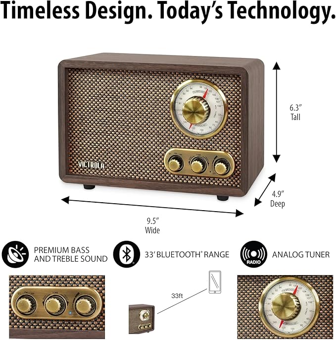 Victrola Willow – Retro Wood Bluetooth Radio with Built-in Speakers: Elegant & Vintage Design, Rotary AM/FM Tuning Dial, Bass & Treble Control, Wireless Streaming (Espresso)