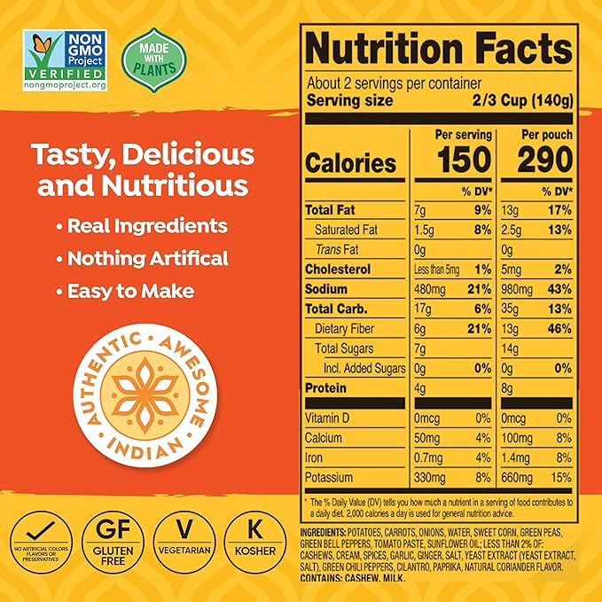 Tasty Bite Vegetable Tikka Masala, 10 Ounce, Pack of 6, Ready to Eat, Microwavable Entree, Vegetables Simmered With Cashews (Packaging may vary)