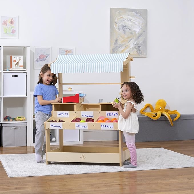Cypress Wooden Market Stand for Kids - Pretend Play Grocery Store with Awning, Storage Bins, Dry Erase Stickers, Durable Wood Construction, Easy Assembly, Role-Playing Toy