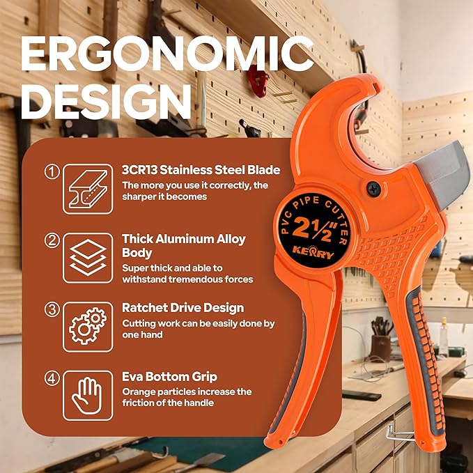 Kerry PVC Pipe Cutter, Up to 2-1/2" Ratcheting Heavy-Duty PEX POLY PE Plastic Hoses and Plumbing Tube Cutting Tool, Stainless Steel Blades, Thicken Aluminum Body Efficient Extended Handle