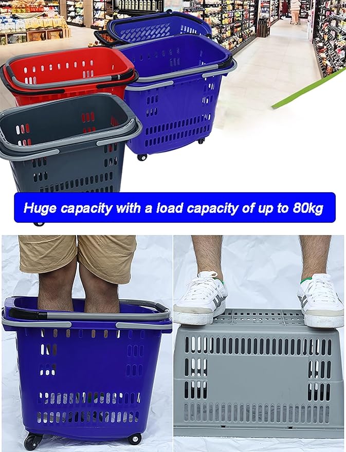 Foldable Grocery Cart with Wheels, Heavy-Duty Rolling Shopping Basket for Easy Supermarket Trips & Home Use 6Pcs(Red)