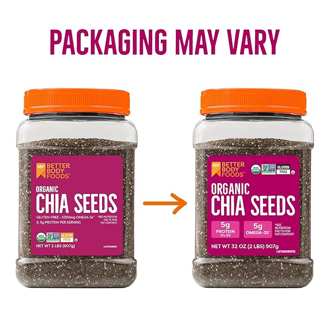BetterBody Foods Organic Chia Seeds 2 lbs, 32 Oz, with Omega-3, Non-GMO, Gluten Free, Keto Diet Friendly, Vegan, Good Source of Fiber, Add to Smoothies