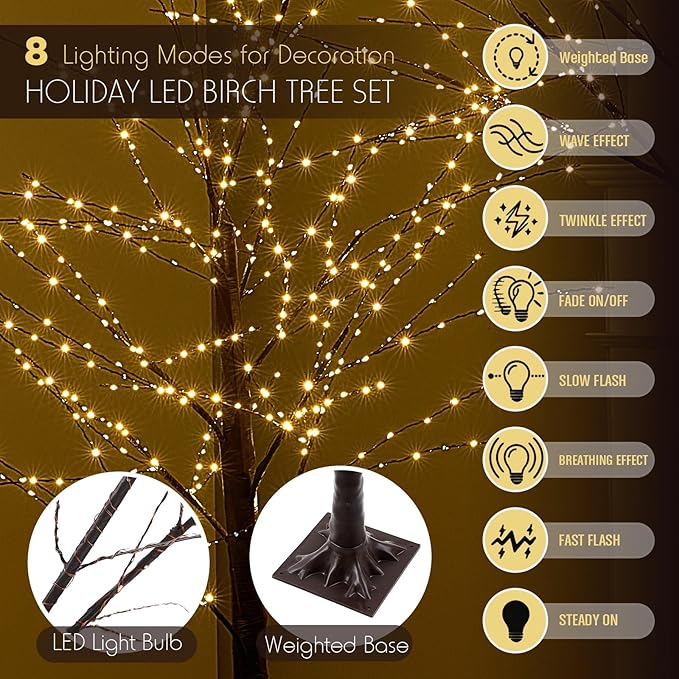 Baquler 8 Pack Lighted Birch Tree - Halloween LED Light Brown Birch Tree Decoration for Christmas Holiday Fall Winter Party Decor, Indoor & Outdoor (4 5 6 8 ft)