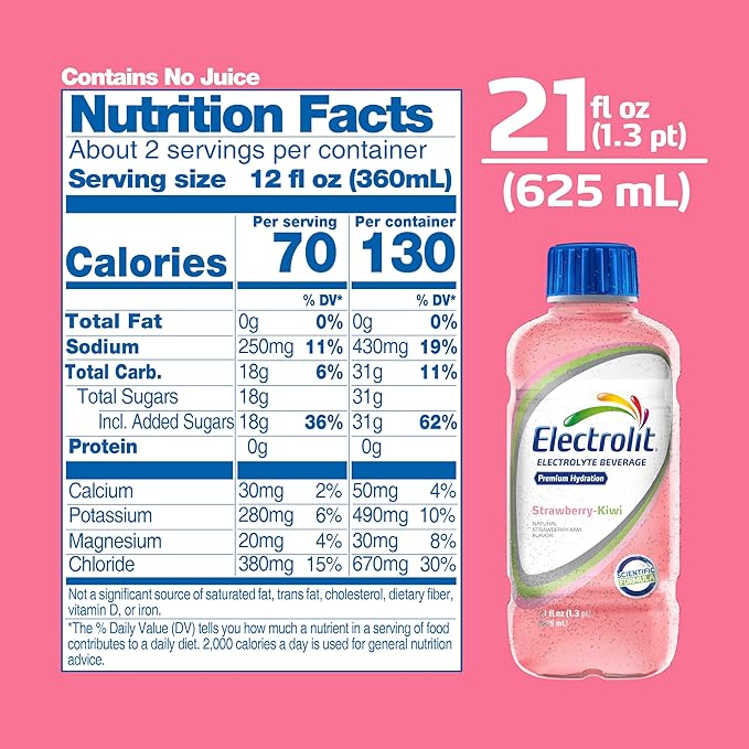 Electrolit, Electrolyte Beverage, Strawberry-Kiwi, 21 Fl Oz bottle (Pack of 12)