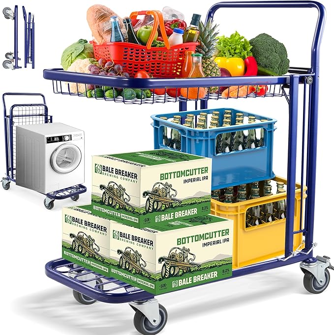 2 in 1 Convertible Metal 2 Tier Heavy Duty Platform Hand Truck | Flatbed Trolley Push Dolly Cart, 700LBS Capacity Folding Grocery Shopping Utility Cart with Telescopic Basket & 4 Swivel Wheels