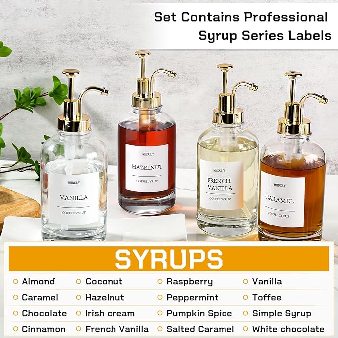 Coffee Bar Accessories, Coffee Syrup Dispenser - 4pack,16.9oz Syrup Dispenser with Labels,Syrup Pump Dispenser for Coffee Bar(Gold pump)