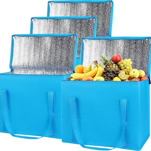 4-Pack Insulated Reusable Grocery Shopping Bag, X-Large Frozen Food Cold, Bodaon Cooler Bags with Zippered Top, Insulated Food Delivery Bag, Blue