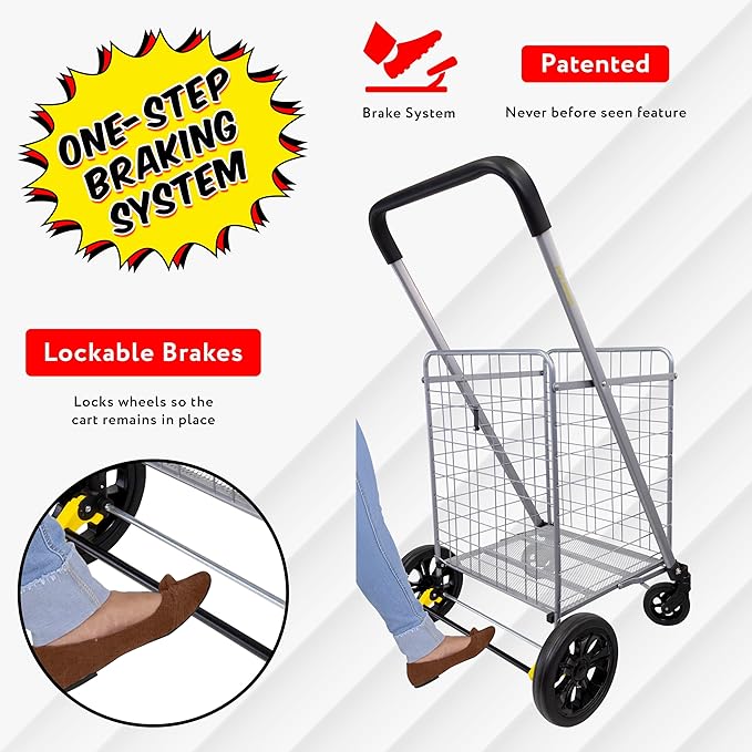 dbest products Cruiser Cart Deluxe 2 Shopping Grocery Rolling Folding Laundry Basket on Wheels Foldable Utility Trolley Compact Lightweight Collapsible, Silver