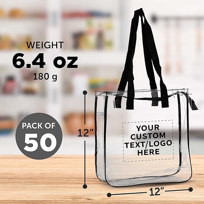 DISCOUNT PROMOS Custom Clear Tote Bags Set of 50, Personalized Bulk Pack - Reusable, Great for Shopping, Grocery, Beach, Picnic, Wedding Favors - Black Clear