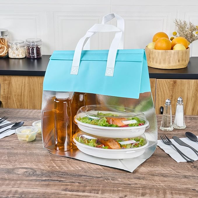 Restaurantware Insulated Take Away Bags 100 Pack Of Reusable Grocery Shopping Bags With Handle Foldable Waterproof Cooler Delivery Carriers For Work Camping Restaurants Coffee Seafood Milk Tea
