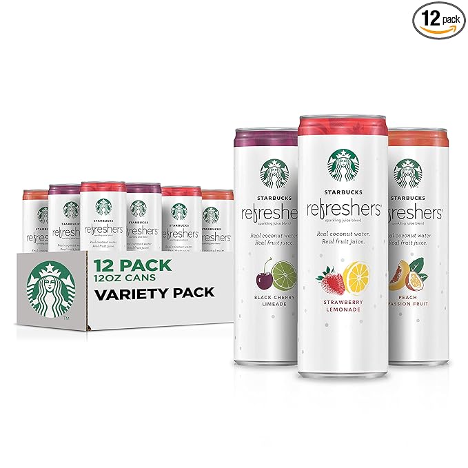 Starbucks Refreshers, 3 Flavor Variety Pack (Peach,Cherry, Stw Lmd), 12 Ounce Sleek Cans (Pack of 12)