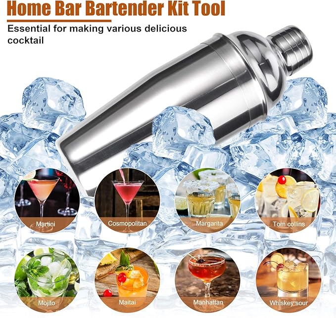 Bartender Kit with Stylish Bamboo Stand, 12 Piece 25oz Cocktail Shaker Set for Mixed Drink, Professional Stainless Steel Bar Tool Set, Gift for Man Dad- Cocktail Recipes Booklet (Silver)