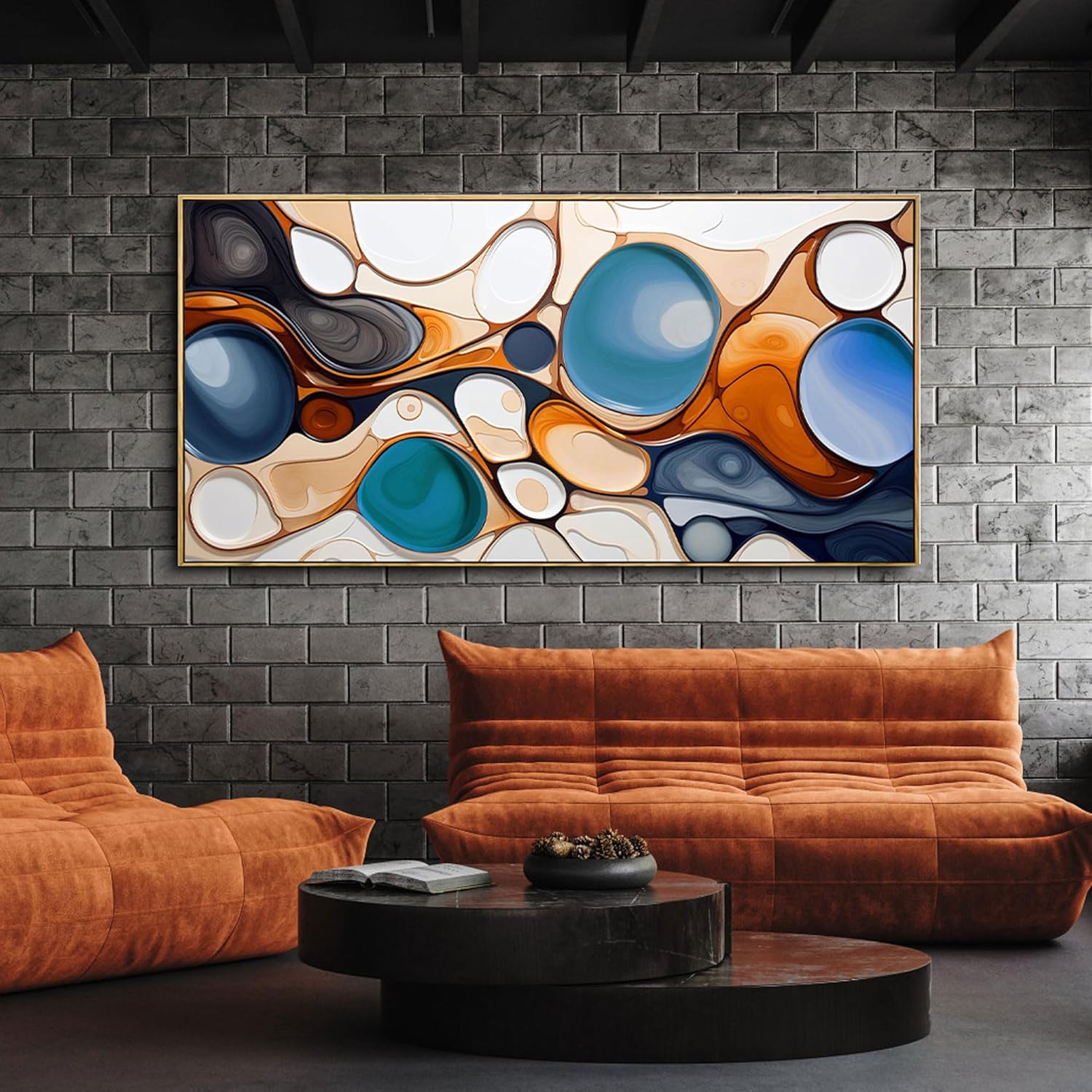 yiijeah Large Paintings for Living Room - Abstract Canvas Picture Boho Minimalism Modern Oversized Wall Decor Blue and Orange Prints Wall Decor for Office Bedroom Home Decoration - 58x29 Inches