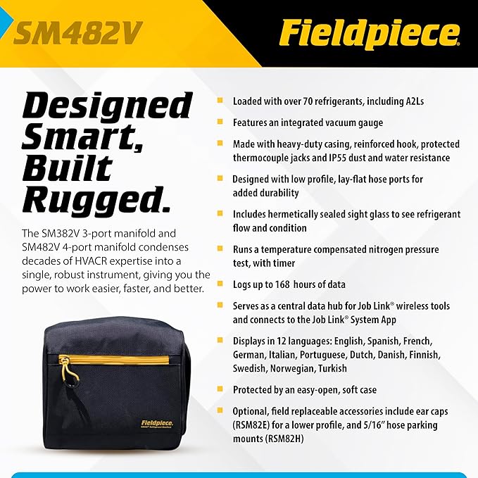 Fieldpiece SM482V Wireless 4-Port SMAN Refrigerant Manifold with Vacuum Gauge – Air Conditioning/Refrigerant Digital Gauges for HVAC & Refrigeration