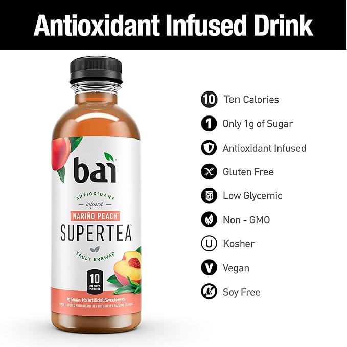 Bai Iced Tea, Narino Peach, Antioxidant Infused Supertea, Crafted with Real Tea (Black Tea, White Tea), 18 Fluid Ounce Bottles, 12 count