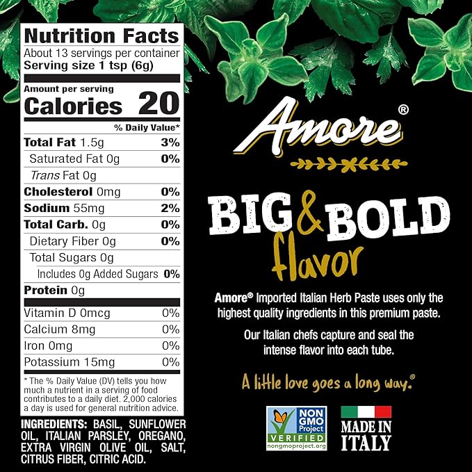 Amore Vegan Fresh Herb Paste In A Tube - Non GMO Certified And Made In Italy (Pack of 12)