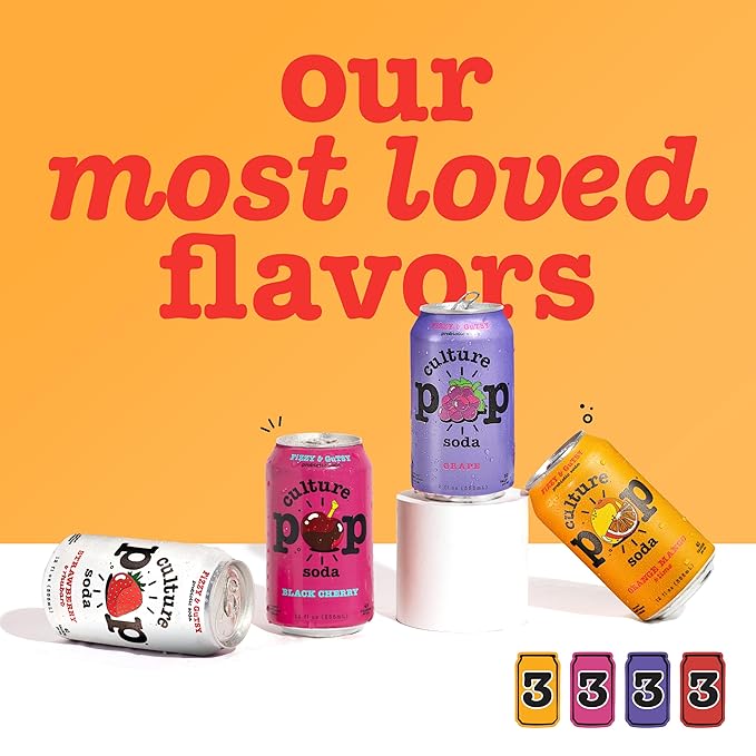 Culture Pop Soda, Most Loved Variety Pack, Probiotic Low Sugar Soda, Sparkling Juice Alternative, Non-GMO, Kosher, Gluten-Free, No Stevia (12pk)