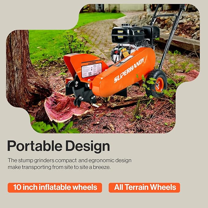 SuperHandy Gas-Powered Stump Grinder with 9HP Engine, Direct Belt Drive, 12-Inch Cutting Depth, 6 Durable Carbide Teeth – Compact and Lightweight