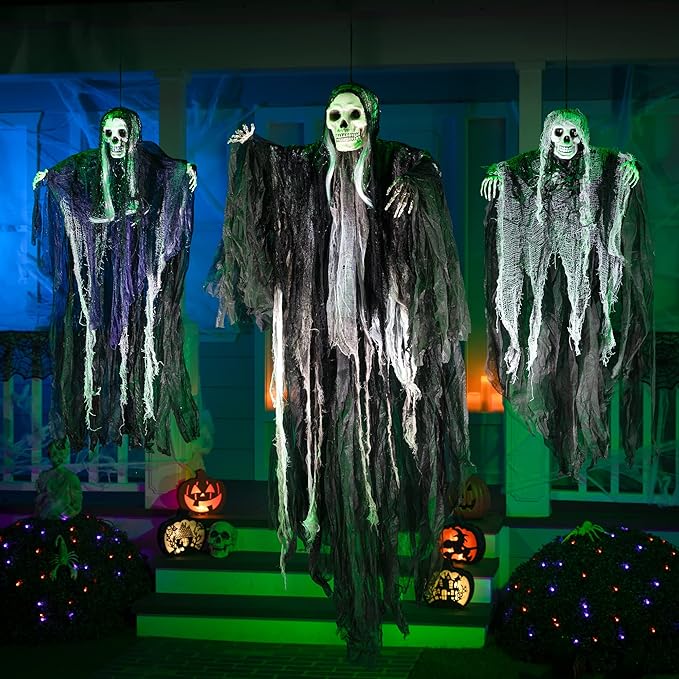 JOYIN 3 Pack Hanging Halloween Skeleton Ghosts Decorations, Grim Reapers for Best Halloween Outdoor Decorations