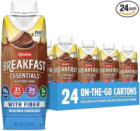 Carnation Breakfast Essentials Ready to Drink with Fiber, Rich Milk Chocolate, 8 FL OZ Carton (Pack of 24)